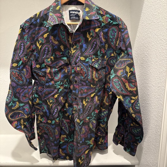 VTG Wrangler Paisley Checotah Black Neon Color Aztec Navajo Shirt 17 34 XL - XXL - Picture 1 of 4